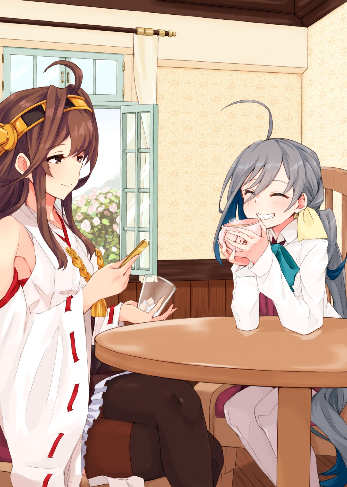 2girls ahoge alakoala bangs blue_hair blush chair closed_eyes crossed_legs cup day detached_sleeves eyebrows_visible_through_hair flower grey_hair grin hair_ribbon hairband headgear highres holding holding_cup indoors japanese_clothes kantai_collection kiyoshimo_(kantai_collection) kongou_(kantai_collection) long_hair low_twintails multicolored_hair multiple_girls ribbon ribbon_trim school_uniform sidelocks sitting skirt smile table twintails two-tone_hair window