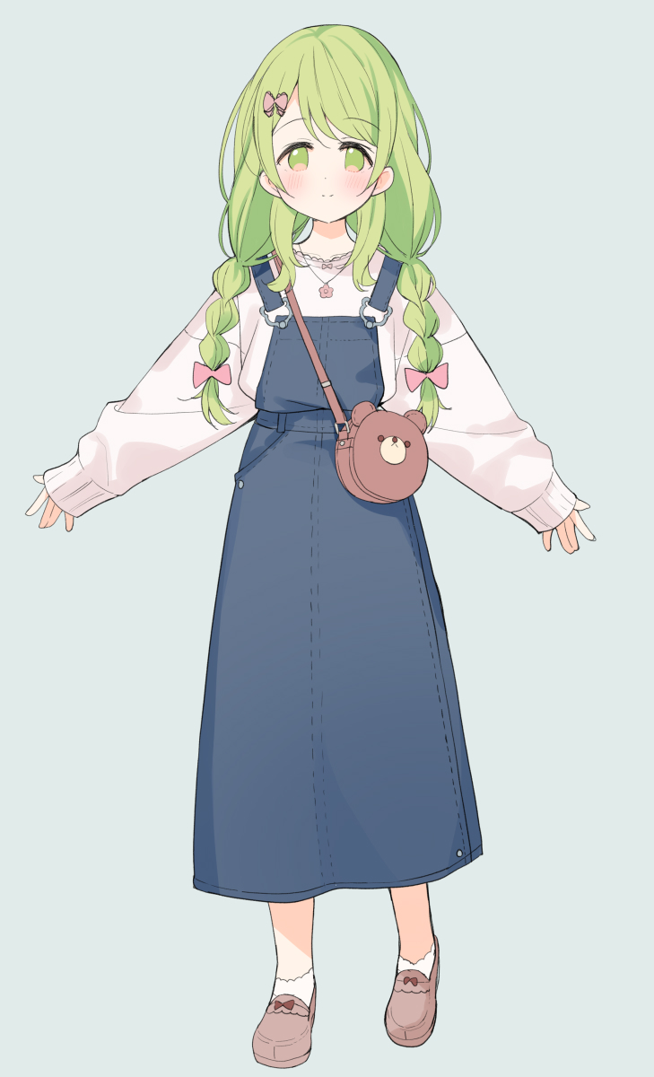 1girl animal_bag ankle_socks bag bangs blue_background blush bow braid brown_footwear closed_mouth commentary_request eyebrows_visible_through_hair full_body green_eyes green_hair hair_ornament hair_over_shoulder highres loafers long_hair long_sleeves looking_at_viewer meito_(maze) morinaka_kazaki nijisanji overall_skirt pink_bow shoes shoulder_bag simple_background sleeves_past_wrists smile solo standing sweater twin_braids virtual_youtuber white_legwear white_sweater