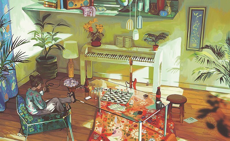 1girl bass_guitar bottle chair chessboard coffee_table cup indoors instrument klegsart mug original piano plant potted_plant scenery sitting slippers solo wooden_floor