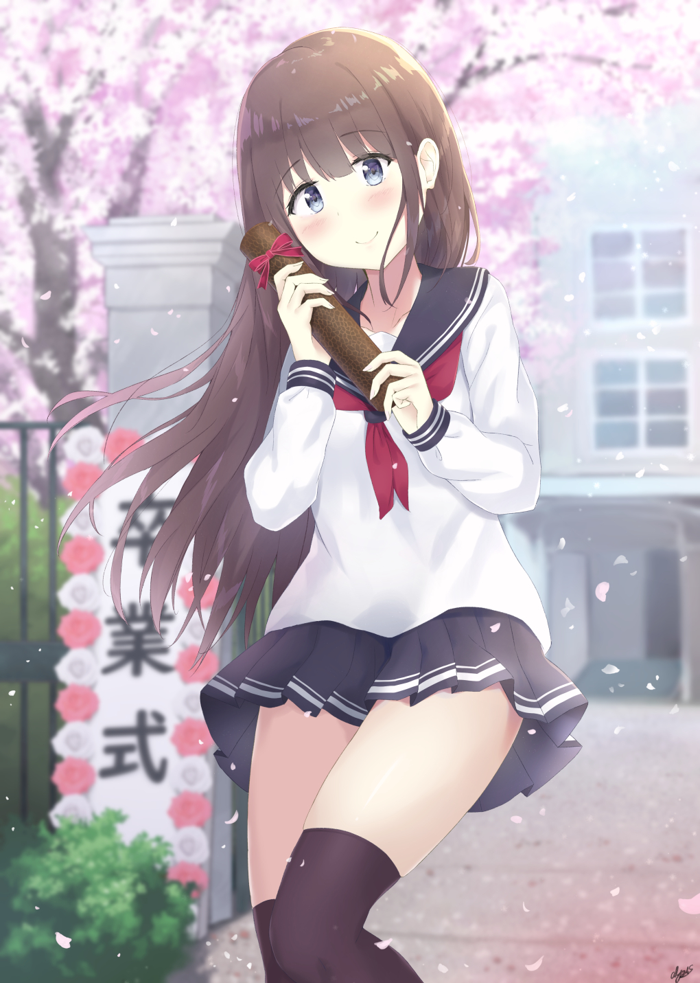 1girl 7_calpis_7 bangs black_legwear black_sailor_collar black_skirt blurry blurry_background blush brown_hair building cherry_blossoms closed_mouth commentary_request day depth_of_field eyebrows_visible_through_hair flower graduation grey_eyes hair_between_eyes head_tilt highres holding long_hair long_sleeves looking_at_viewer neckerchief original outdoors petals pleated_skirt red_flower red_neckwear red_rose rose sailor_collar school_uniform serafuku shirt signature skirt smile solo standing standing_on_one_leg thigh-highs tree very_long_hair white_flower white_rose white_shirt