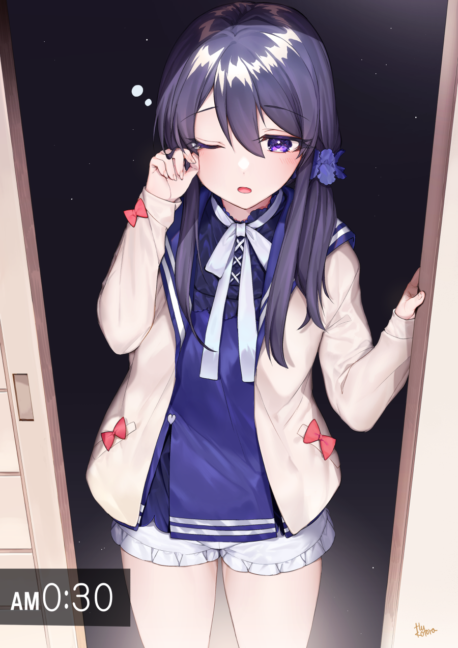 1girl bangs black_hair blue_scrunchie blue_shirt blush bow commentary_request eyebrows_visible_through_hair frilled_shorts frills fuu_kotora hair_between_eyes hair_ornament hair_scrunchie hands_up highres jacket long_hair long_sleeves looking_at_viewer one_eye_closed open_clothes open_jacket original parted_lips red_bow rubbing_eyes scrunchie shirt short_shorts shorts sleeves_past_wrists solo violet_eyes waking_up white_jacket white_shorts