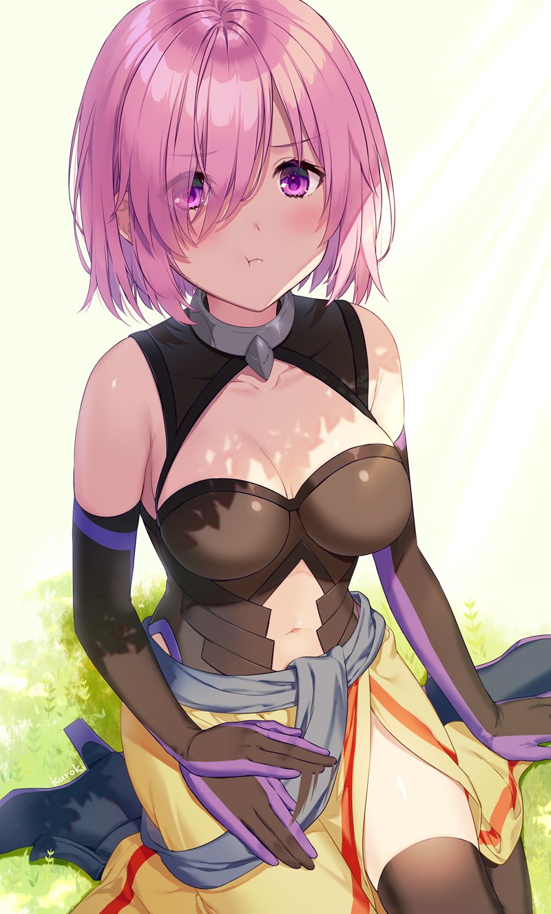 1girl :t bangs beckoning black_footwear black_legwear black_leotard blush boots breasts breasts_apart cleavage_cutout closed_mouth clothes_around_waist collarbone commentary_request elbow_gloves eyebrows_visible_through_hair eyelashes eyes_visible_through_hair fate/grand_order fate_(series) from_above gloves grass hair_over_one_eye hand_on_thigh highres impossible_clothes impossible_leotard kuroki_(ma-na-tu) lap_pillow_invitation lavender_hair leotard looking_at_viewer mash_kyrielight medium_breasts navel navel_cutout outdoors pout purple_gloves shiny shiny_hair short_hair sitting sitting_on_ground solo thigh-highs thighs violet_eyes wariza
