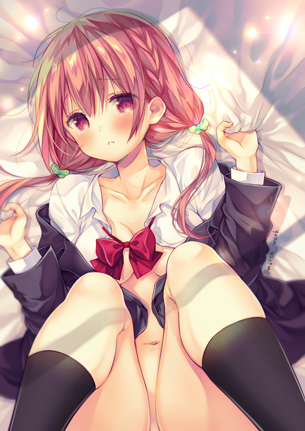 1girl bangs bed bed_sheet black_jacket black_legwear bow braid breasts collarbone commentary_request eyebrows_visible_through_hair green_ribbon hair_ribbon highres hinako_note jacket legs light_particles long_hair lying march-bunny medium_breasts navel on_back orange_hair parted_lips red_bow red_eyes ribbon sakuragi_hinako sheet_grab shirt signature solo thighs twintails white_shirt