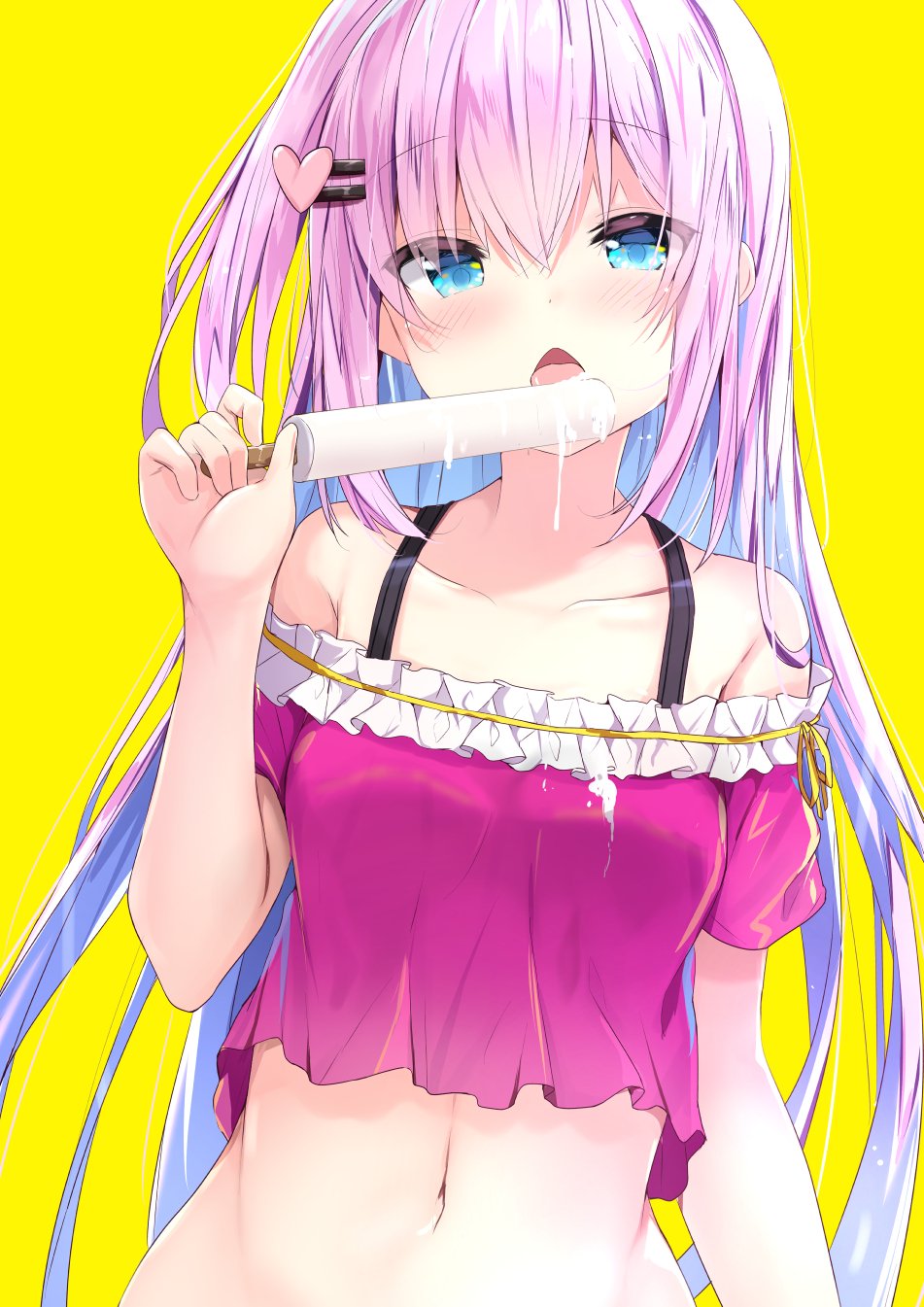 1girl bangs bare_shoulders blue_eyes blue_hair breasts collarbone commentary_request crop_top eyebrows_visible_through_hair food hair_between_eyes hair_ornament hairclip heart heart_hair_ornament highres holding holding_food ice_cream kouda_suzu licking looking_at_viewer multicolored_hair navel off-shoulder_shirt off_shoulder open_mouth original pink_hair purple_shirt shirt short_sleeves simple_background small_breasts solo tongue tongue_out two-tone_hair upper_body yellow_background