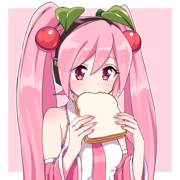 1girl akiyoshi_(tama-pete) bare_shoulders bread cherry_hair_ornament commentary detached_sleeves eating food food_themed_hair_ornament framed_image hair_ornament hatsune_miku headphones holding holding_food leaf leaf_hair_ornament nail_polish necktie pink_background pink_eyes pink_hair pink_nails pink_neckwear pink_sleeves sakura_miku shirt sleeveless sleeveless_shirt solo twintails vocaloid white_shirt