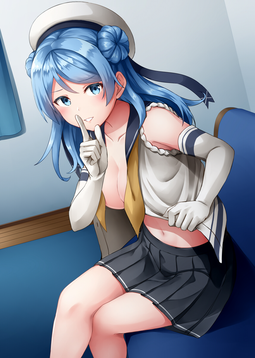 1girl black_skirt blue_eyes blue_hair blush breasts collarbone double_bun elbow_gloves eyebrows_visible_through_hair feet_out_of_frame finger_to_mouth gloves hat highres index_finger_raised kamelie kantai_collection lifted_by_self long_hair medium_breasts navel neckerchief open_clothes pleated_skirt sailor_hat school_uniform serafuku shushing skirt solo urakaze_(kantai_collection) white_gloves white_headwear yellow_neckwear