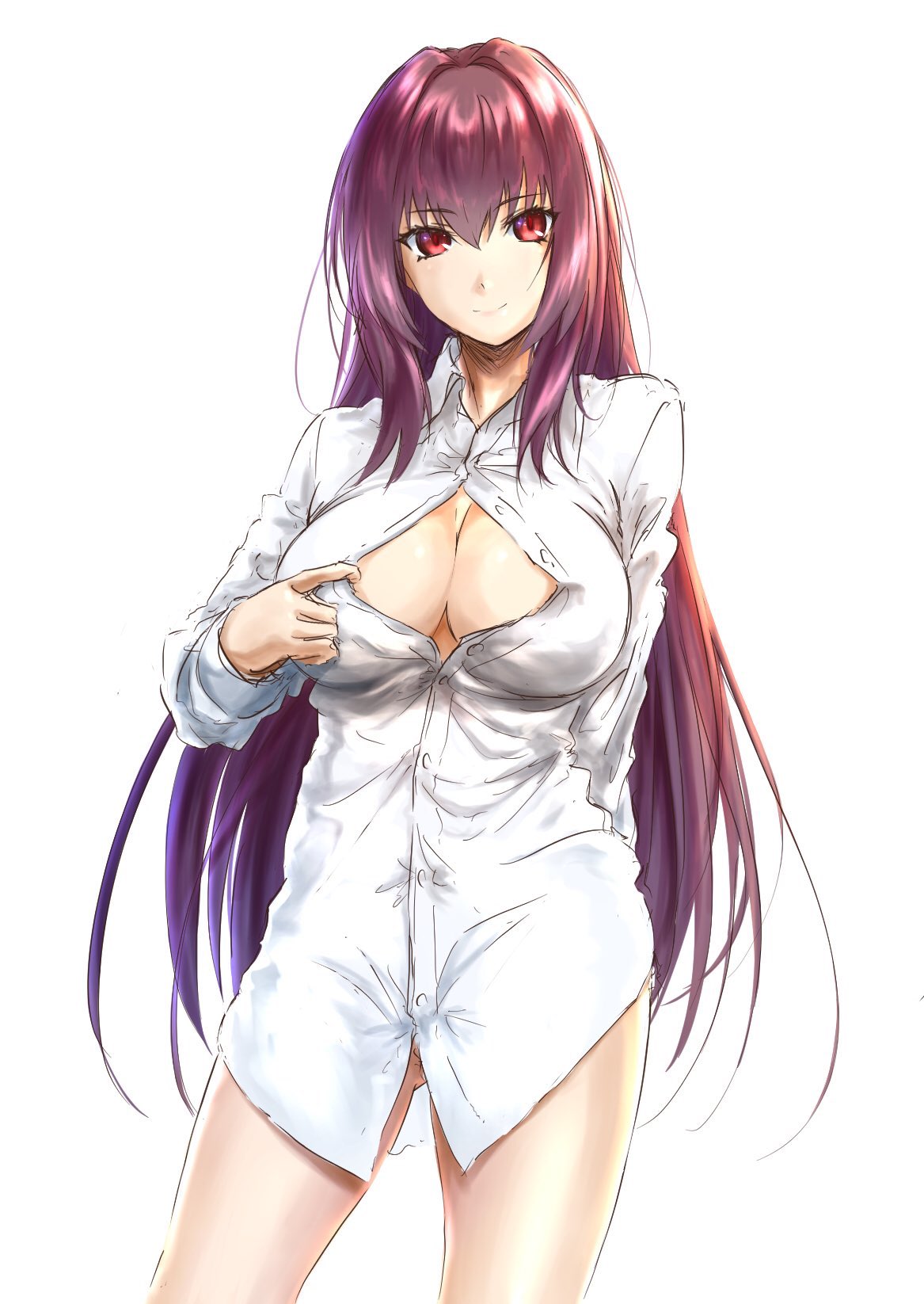 1girl blush bottomless breasts dress_shirt fate/grand_order fate_(series) highres large_breasts long_hair looking_at_viewer mitsugu naked_shirt no_bra no_panties no_underwear open_clothes open_shirt opened_by_self purple_hair red_eyes scathach_(fate)_(all) scathach_(fate/grand_order) shirt shirt_tug simple_background smile solo white_background white_shirt