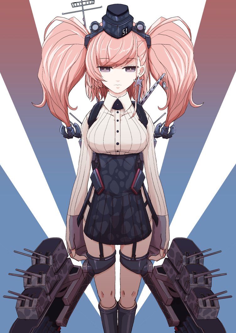 1girl anchor_hair_ornament atlanta_(kantai_collection) bangs black_eyes black_headwear boushi-ya breasts brown_hair camouflage closed_mouth earrings eyebrows_visible_through_hair garrison_cap garter_straps gloves hair_ornament hat headgear high-waist_skirt jewelry kantai_collection large_breasts lips long_hair partly_fingerless_gloves rigging single_earring skirt solo star star_earrings suspender_skirt suspenders two_side_up