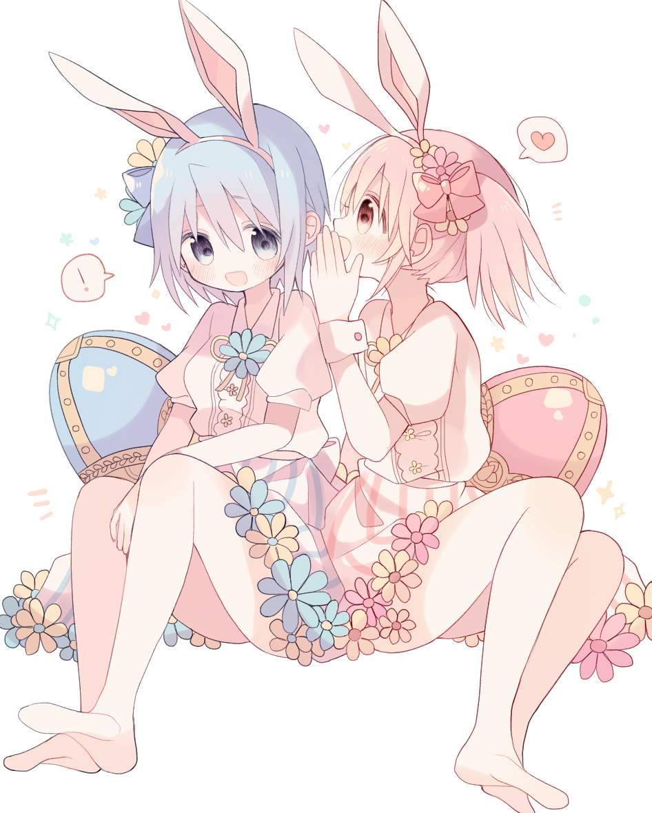 ! /\/\/\ 2girls alternate_costume animal_ears bare_legs between_legs blue_eyes blue_flower blue_hair blush breasts buttons collared_shirt dress eyebrows_visible_through_hair eyelashes fake_animal_ears flower full_body hair_flower hair_ornament hair_ribbon hand_between_legs hand_to_own_mouth hands_on_lap heart heart_background kaname_madoka kono_yo_no_inga_wo_hazureta_mono legs_together long_eyelashes looking_at_another looking_to_the_side mahou_shoujo_madoka_magica miki_sayaka multiple_girls no_nose open_mouth orange_flower oversized_object pink_eyes pink_flower pink_hair profile puffy_short_sleeves puffy_sleeves rabbit_ears ribbon shaded_face shirt short_dress short_hair short_sleeves sidelocks simple_background sitting small_breasts soul_gem sparkle sparkle_background speech_bubble spoken_exclamation_mark spoken_heart striped striped_dress talking twintails whispering white_background wrist_cuffs