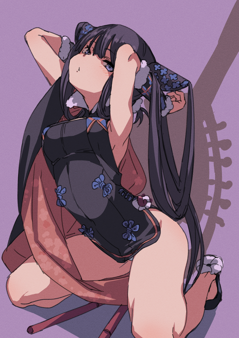 1girl arched_back arm_warmers arms_behind_head bangs bare_legs black_dress black_hair blue_eyes blunt_bangs breasts china_dress chinese_clothes commentary_request dress fate/grand_order fate_(series) fu-ta fur-trimmed_collar fur_trim hair_between_eyes head_tilt high_collar kneeling long_hair looking_at_viewer medium_breasts panties pantyshot pantyshot_(kneeling) parted_lips purple_background short_dress side_slit sidelocks simple_background solo twintails underwear very_long_hair yang_guifei_(fate/grand_order)