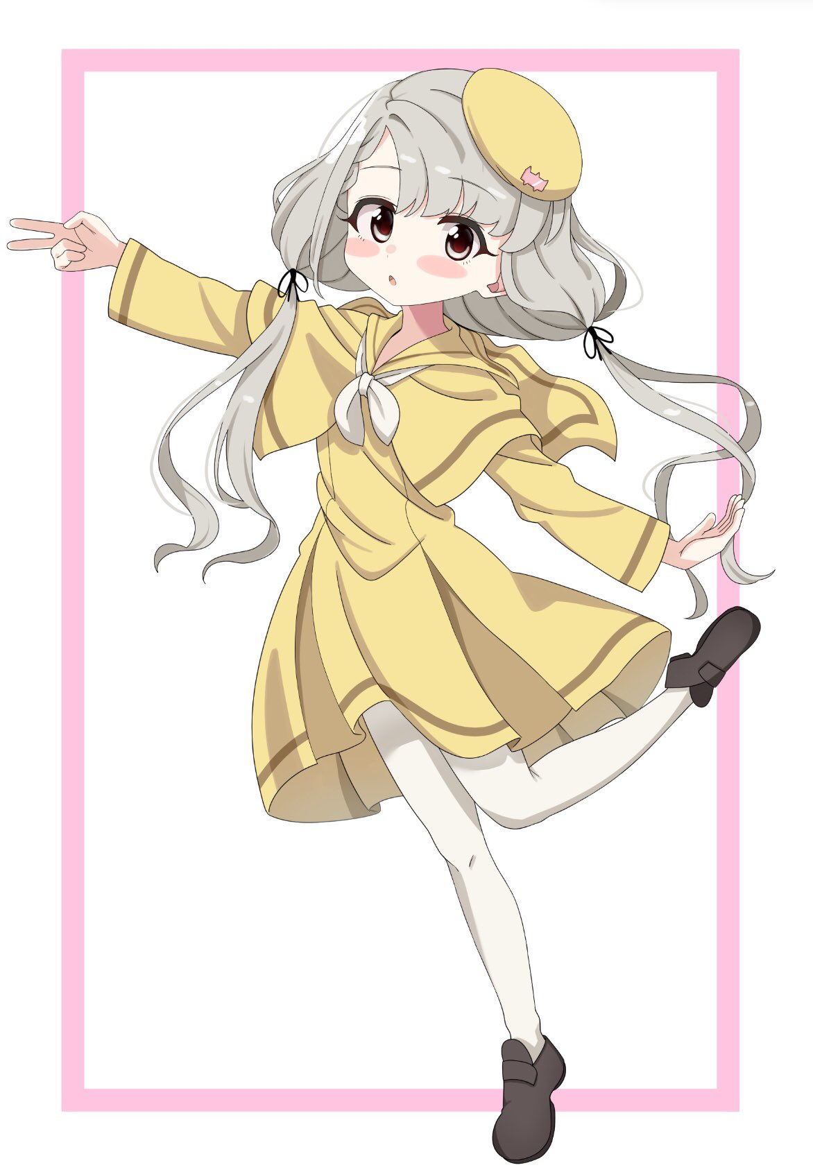 1girl bangs beret black_footwear black_ribbon blush_stickers brown_eyes dress eyebrows_visible_through_hair grey_hair hair_ribbon hat highres hisakawa_nagi idolmaster idolmaster_cinderella_girls idolmaster_cinderella_girls_starlight_stage loafers long_hair long_sleeves looking_at_viewer low_twintails neckerchief outstretched_arms pantyhose parted_lips pink_background pleated_dress ribbon sailor_collar shiwa_(siwaa0419) shoes solo standing standing_on_one_leg tilted_headwear twintails two-tone_background v very_long_hair white_background white_legwear white_neckwear yellow_capelet yellow_dress yellow_headwear yellow_sailor_collar