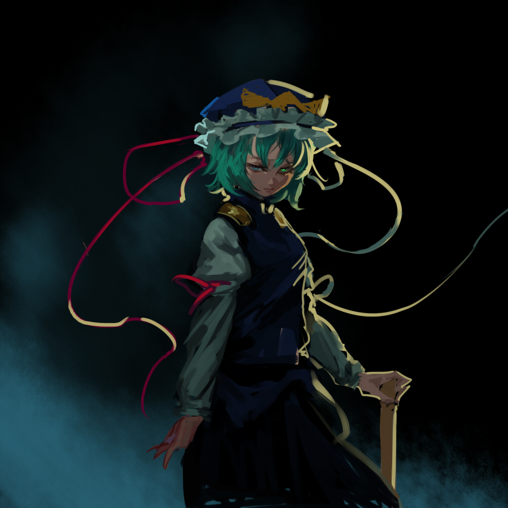 1girl blue_headwear blue_skirt blue_vest closed_mouth commentary_request glowing glowing_eyes green_eyes green_hair hat hat_ribbon inishie_kumo juliet_sleeves long_sleeves looking_at_viewer puffy_sleeves red_ribbon ribbon shiki_eiki shirt short_hair skirt solo standing touhou vest white_shirt