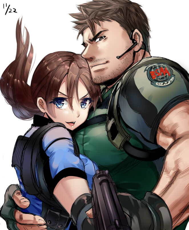 1boy 1girl blue_eyes breasts brown_hair chris_redfield facial_hair fingerless_gloves gloves gun handgun jill_valentine large_breasts long_hair looking_at_viewer muscle nagare ponytail resident_evil resident_evil_5 simple_background stubble weapon white_background