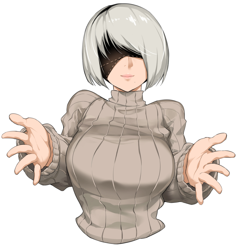 1girl alternate_costume bakkanki bangs black_blindfold blindfold breasts cropped_torso facing_viewer grey_sweater large_breasts long_sleeves mole mole_under_mouth nier_(series) nier_automata outstretched_arms pink_lips ribbed_sweater short_hair silver_hair simple_background smile solo sweater swept_bangs upper_body white_background yorha_no._2_type_b