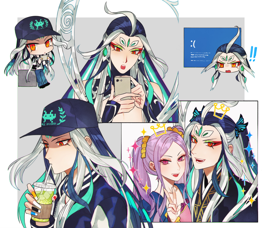 ahoge bare_chest baseball_cap black_hair casual cellphone contemporary eyeshadow fate/grand_order fate_(series) fingernails hat long_fingernails long_hair makeup male_focus multicolored_hair phone purple_hair qin_shi_huang_(fate/grand_order) red_eyes sindri smartphone sparkle twintails two-tone_hair v very_long_hair violet_eyes white_hair wu_zetian_(fate/grand_order)
