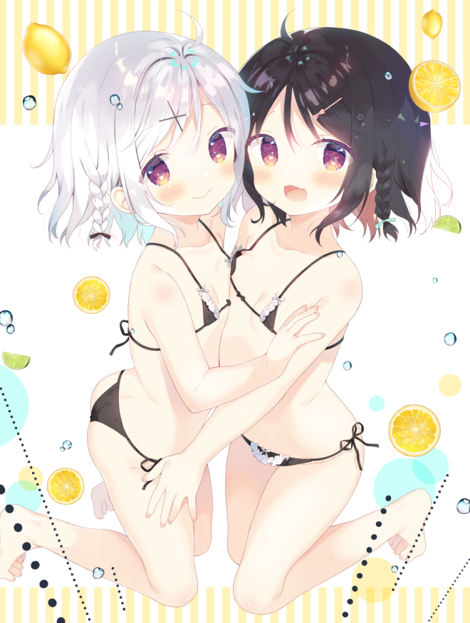 2girls :d ass bad_anatomy bare_arms bare_legs bare_shoulders barefoot black_bow black_bra black_hair black_panties blue_bow blue_hair blush bow bow_panties bra braid brown_eyes brown_hair closed_mouth food frilled_bra frilled_panties frills fruit hair_bow hair_ornament hairclip lemon lemon_slice lime_slice looking_at_viewer looking_to_the_side multicolored_hair multiple_girls open_mouth original panties puffy_short_sleeves puffy_sleeves short_sleeves side-tie_panties silver_hair smile striped striped_background two-tone_hair underwear underwear_only vertical_stripes x_hair_ornament yuizaki_kazuya