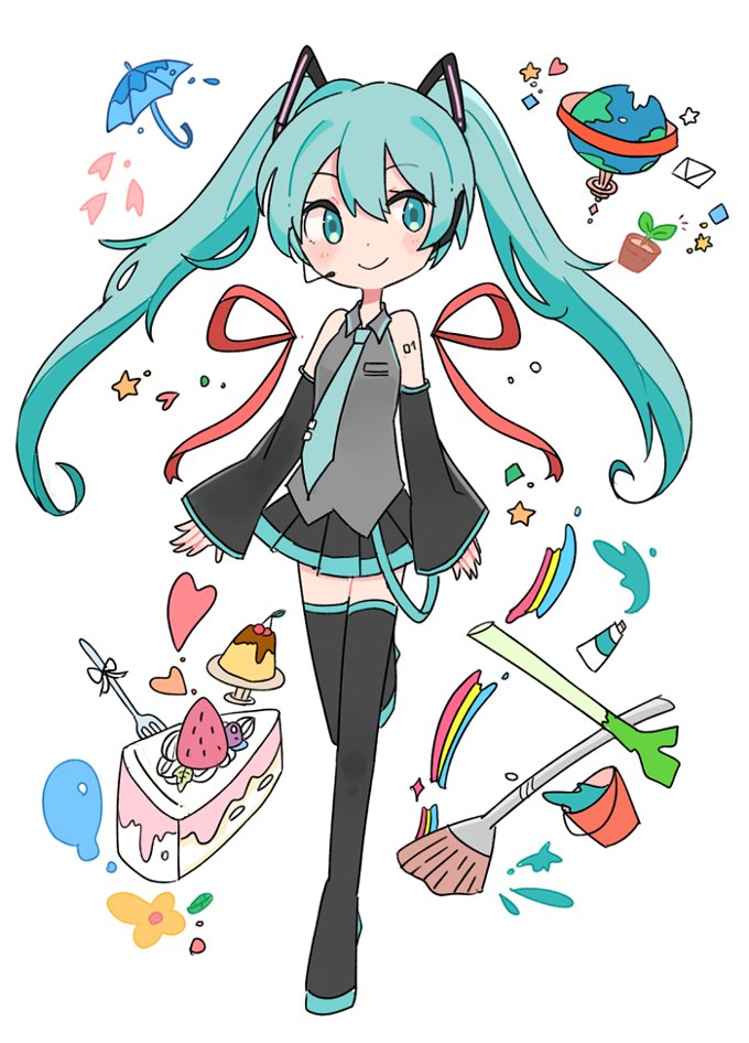 1girl aqua_eyes aqua_hair aqua_neckwear boots bucket cake cherry commentary detached_sleeves food fork fruit globe hatsune_miku headset heart leg_up letter long_hair mikan_(mikabe) necktie paintbrush plant potted_plant puddle sapling skirt solo spring_onion star strawberry thigh-highs thigh_boots twintails umbrella vocaloid