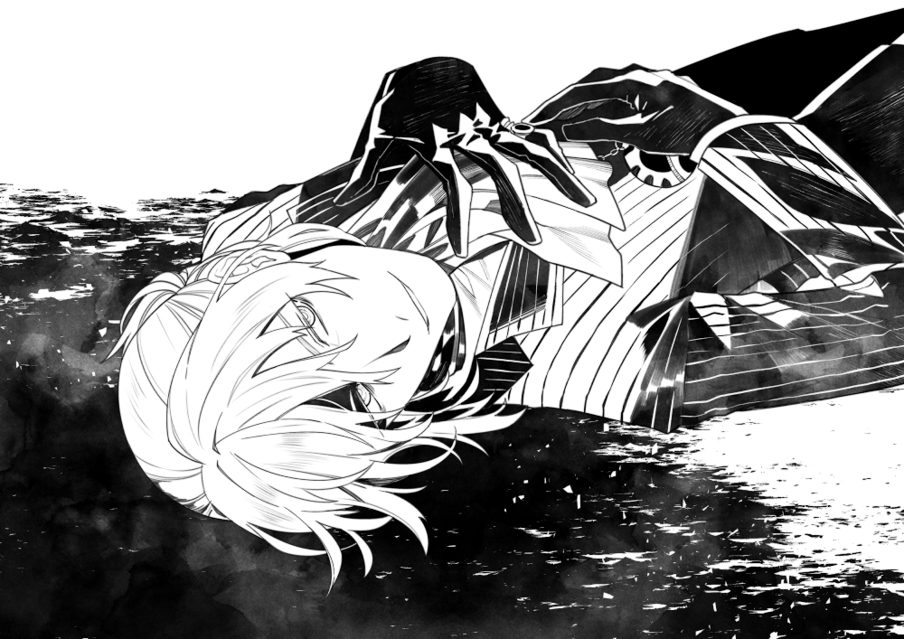 1boy antonio_salieri_(fate/grand_order) fate/grand_order fate_(series) formal gloves greyscale hands_on_own_chest looking_at_viewer lying male_focus monochrome pinstripe_suit sindri solo striped suit upper_body