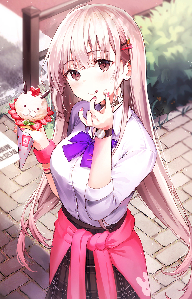 1girl bangs black_skirt blush breasts commentary eyebrows_visible_through_hair food from_above fruit grey_hair hair_ornament hairclip highres large_breasts long_hair looking_at_viewer original outdoors pink_nails ran9u shirt skirt smile solo strawberry tongue tongue_out usagyaru_(ran9u) white_shirt