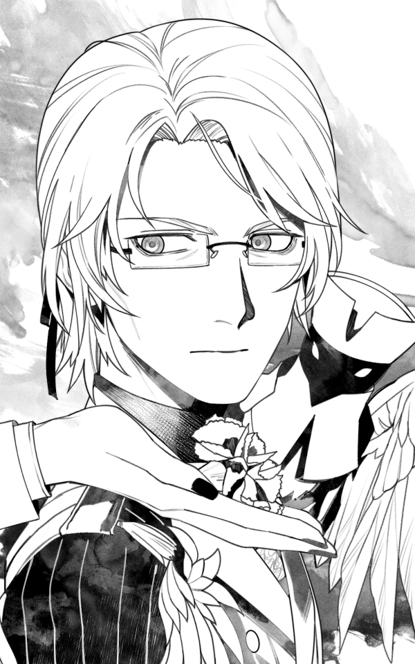 1boy antonio_salieri_(fate/grand_order) armor bespectacled cheekbones fate/grand_order fate_(series) flower formal glasses greyscale holding holding_flower male_focus monochrome pinstripe_suit sindri solo_focus striped suit