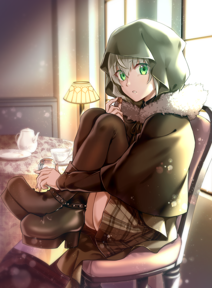 1girl candy chair cup fate_(series) food gray_(lord_el-melloi_ii) green_eyes grey_hair hood jar lamp looking_at_viewer lord_el-melloi_ii_case_files nina_(pastime) plaid plaid_skirt sitting skirt table teacup teapot thigh-highs