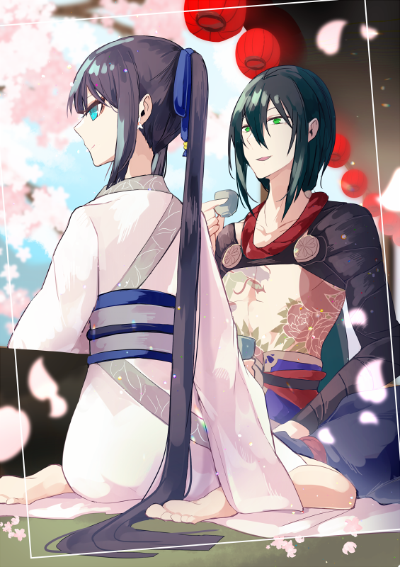 1boy 1girl alcohol bangs barefoot black_hair blue_sky cherry_blossoms choko_(cup) commentary_request cup falling_petals fate/grand_order fate_(series) from_behind green_eyes hair_between_eyes hanami holding holding_cup jing_ke_(fate/grand_order) lantern long_hair long_ponytail looking_at_another looking_to_the_side obi obijime open_mouth outdoors paper_lantern ponytail sake sash shrug_(clothing) sidelocks sitting sky smile tattoo ugetsu_(chimere/marie) wariza yan_qing_(fate/grand_order)