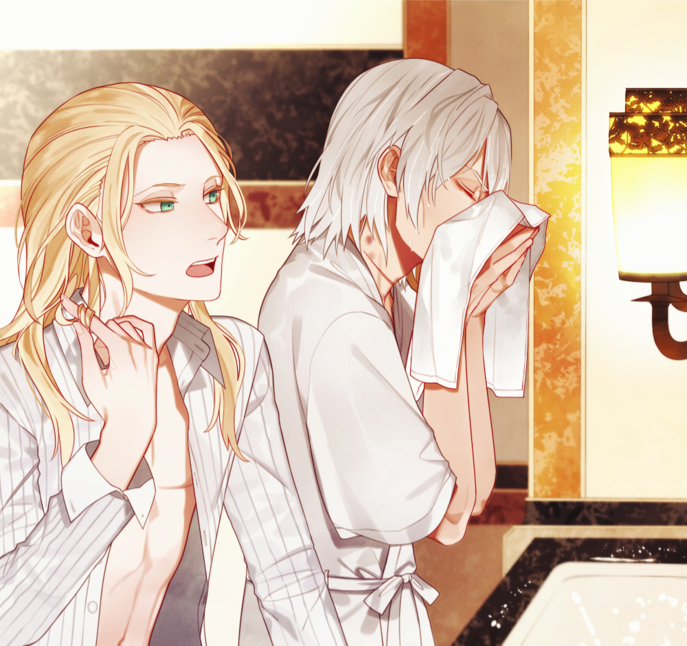 2boys antonio_salieri_(fate/grand_order) bare_chest bathrobe bathroom blonde_hair fate/grand_order fate_(series) green_eyes grey_hair hair_down long_hair male_focus multiple_boys open_clothes open_shirt sindri sink towel wiping_face wolfgang_amadeus_mozart_(fate/grand_order)