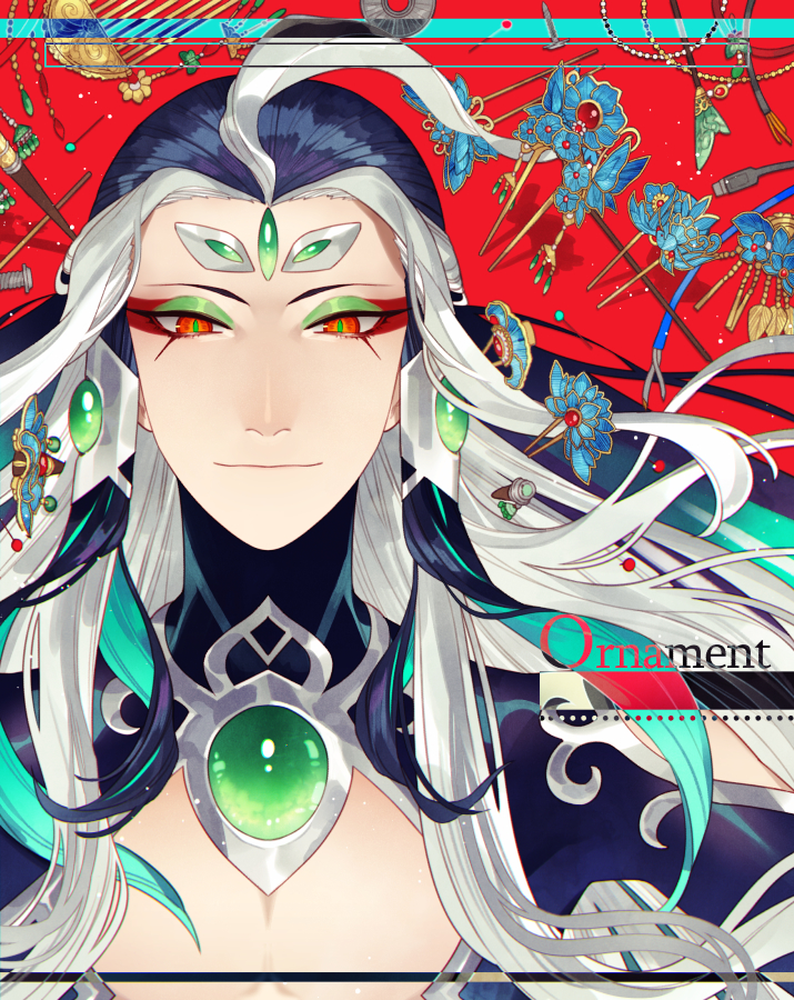 1boy blue_hair chest_jewel eyeshadow fate/grand_order fate_(series) forehead_jewel green_eyeshadow long_hair looking_at_viewer makeup male_focus multicolored_hair qin_shi_huang_(fate/grand_order) red_eyeshadow sindri solo two-tone_hair very_long_hair white_hair