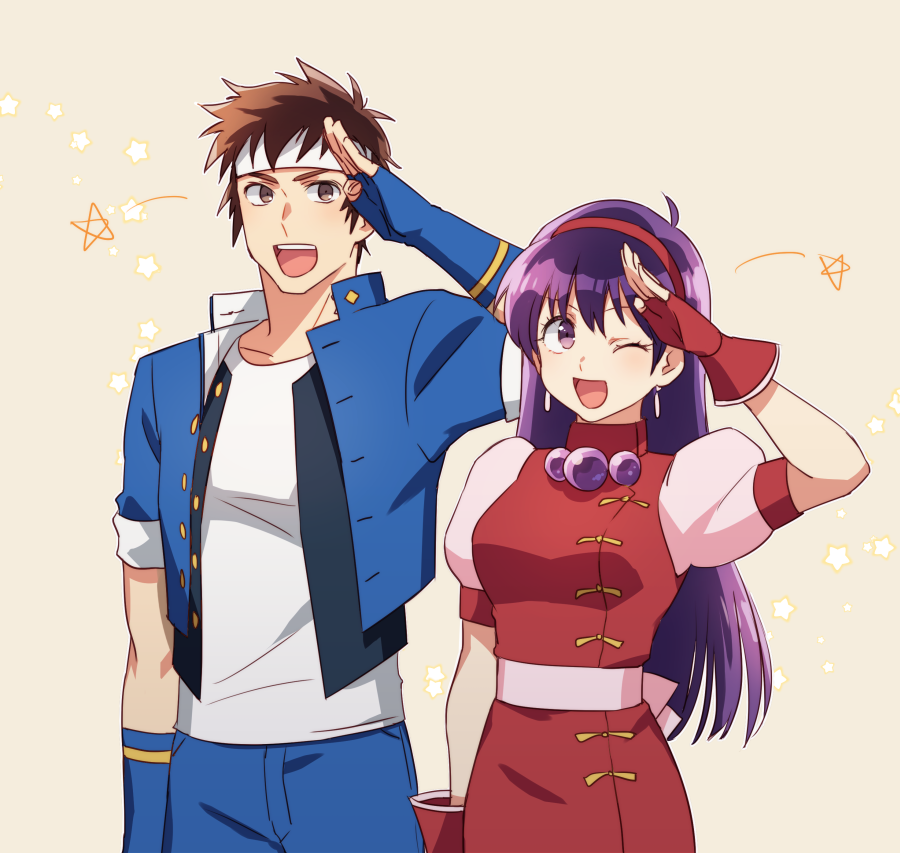 1boy 1girl :d asamiya_athena brown_eyes brown_hair collarbone earrings fingerless_gloves gloves hairband jewelry long_hair one_eye_closed open_mouth purple_hair red_hairband short_hair simple_background smile taki_(nakochan) the_king_of_fighters upper_body violet_eyes yabuki_shingo