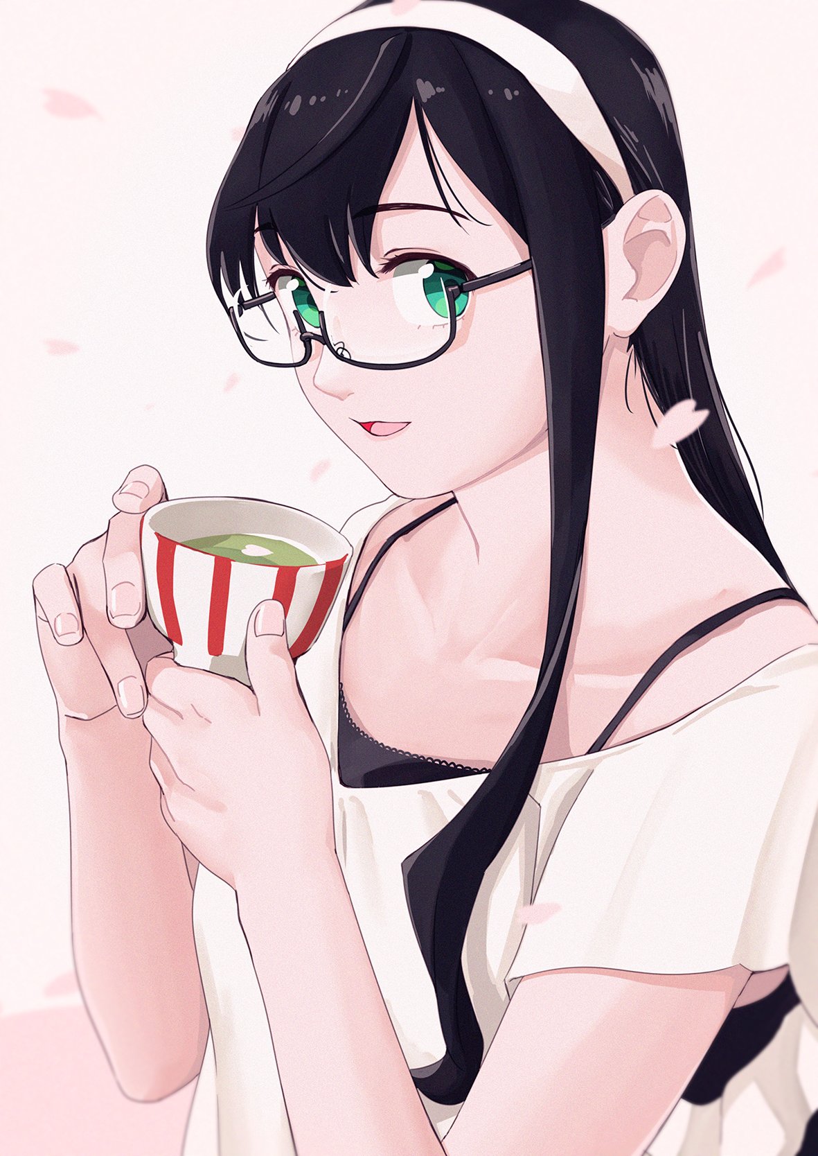 1girl black-framed_eyewear black_hair cup eyebrows_visible_through_hair glasses green_eyes green_tea hairband highres holding kantai_collection long_hair ojipon ooyodo_(kantai_collection) open_mouth petals petals_on_liquid pink_background short_sleeves simple_background solo tea upper_body white_hairband