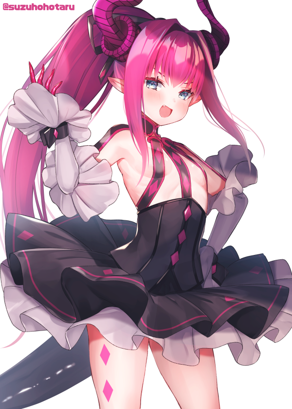 1girl alternate_hairstyle asymmetrical_horns black_dress breasts colored_eyelashes commentary_request curled_horns detached_sleeves dragon_horns dragon_tail dress elizabeth_bathory_(fate) elizabeth_bathory_(fate)_(all) eyebrows_visible_through_hair fang fate/extra fate/extra_ccc fate/grand_order fate_(series) high_ponytail horns long_hair looking_at_viewer loose_bikini open_mouth pink_hair pointy_ears ponytail revealing_clothes sheer_clothes shiny shiny_hair short_dress sideboob sidelocks simple_background small_breasts smug solo standing suzuho_hotaru tail twitter_username very_long_hair white_background