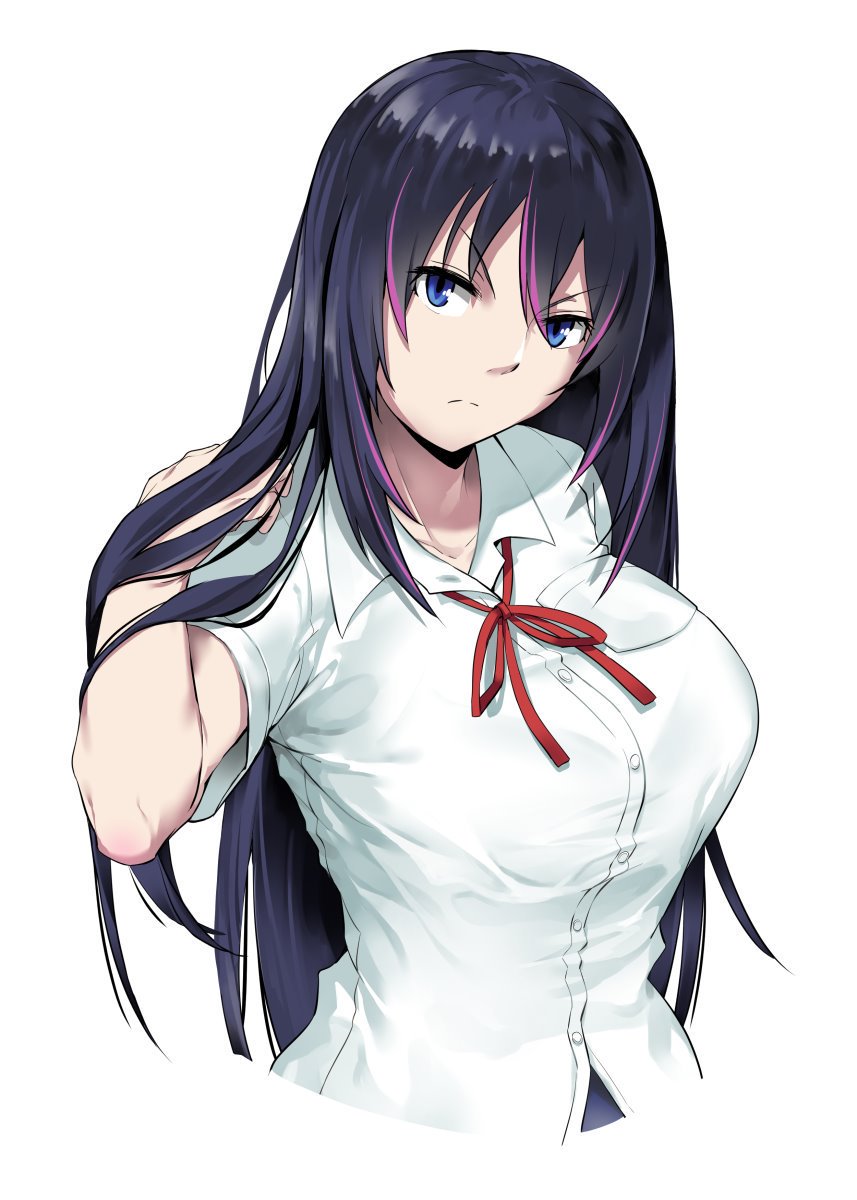 1girl bakkanki black_hair blue_eyes breasts character_request collared_shirt copyright_request dress_shirt frown hair_flip highres large_breasts long_hair looking_at_viewer multicolored_hair pink_hair red_ribbon ribbon serious shirt short_sleeves simple_background solo streaked_hair upper_body v-shaped_eyebrows very_long_hair white_background white_shirt