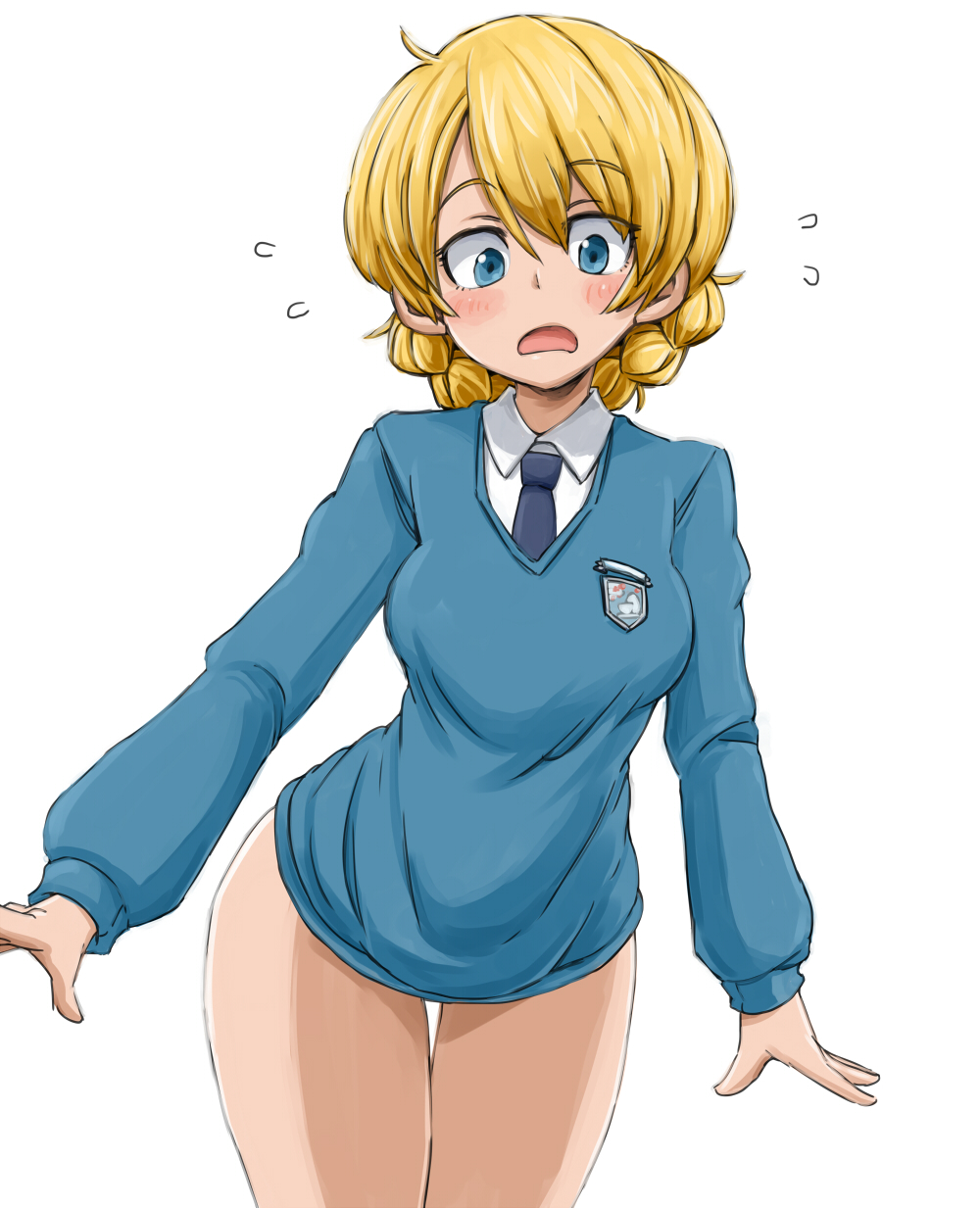 1girl aono3 bangs black_neckwear blonde_hair blue_eyes blue_sweater blush braid breasts collared_shirt commentary cowboy_shot darjeeling_(girls_und_panzer) dress_shirt emblem eyebrows_visible_through_hair flying_sweatdrops frown girls_und_panzer highres long_sleeves looking_at_viewer necktie no_pants school_uniform shirt short_hair simple_background solo st._gloriana's_(emblem) st._gloriana's_school_uniform standing sweater thigh_gap thighs tied_hair twin_braids v-neck white_background white_shirt wing_collar