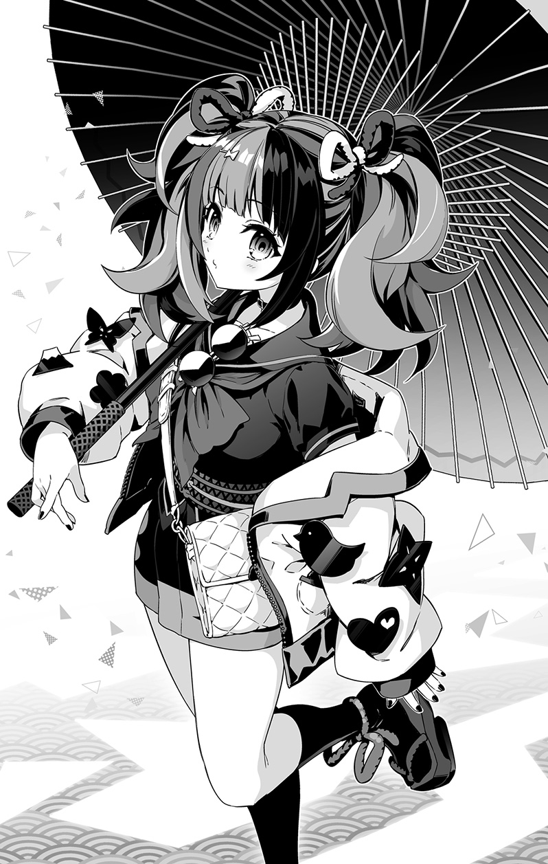 1girl bag dress fate/grand_order fate_(series) greyscale handbag highres hiroyama_hiroshi leg_up monochrome multicolored_hair nail_polish oriental_umbrella sailor_collar sei_shounagon_(fate) sunglasses twintails umbrella