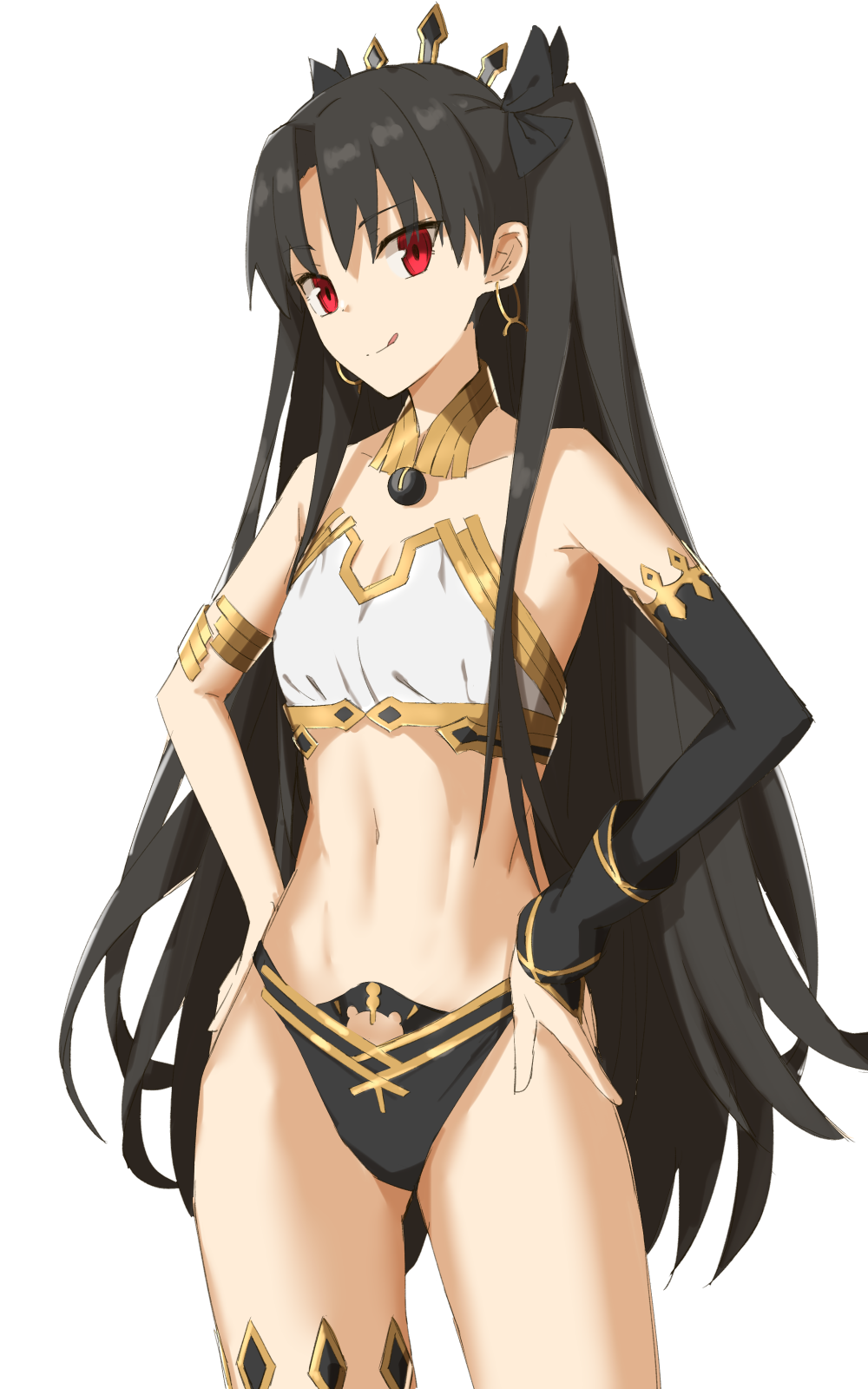 1girl armlet asymmetrical_legwear asymmetrical_sleeves bangs bare_shoulders black_bikini_bottom black_bow black_hair bow breasts bridal_gauntlets closed_mouth collarbone detached_collar detached_sleeves earrings elbow_gloves elfenlied22 fate/grand_order fate_(series) gloves gold_trim hair_bow highres hoop_earrings ishtar_(fate)_(all) ishtar_(fate/grand_order) jewelry licking_lips long_hair looking_at_viewer navel neck_ring parted_bangs red_eyes simple_background single_detached_sleeve single_elbow_glove single_thighhigh small_breasts smile solo thigh-highs tiara tongue tongue_out white_background white_bikini_top