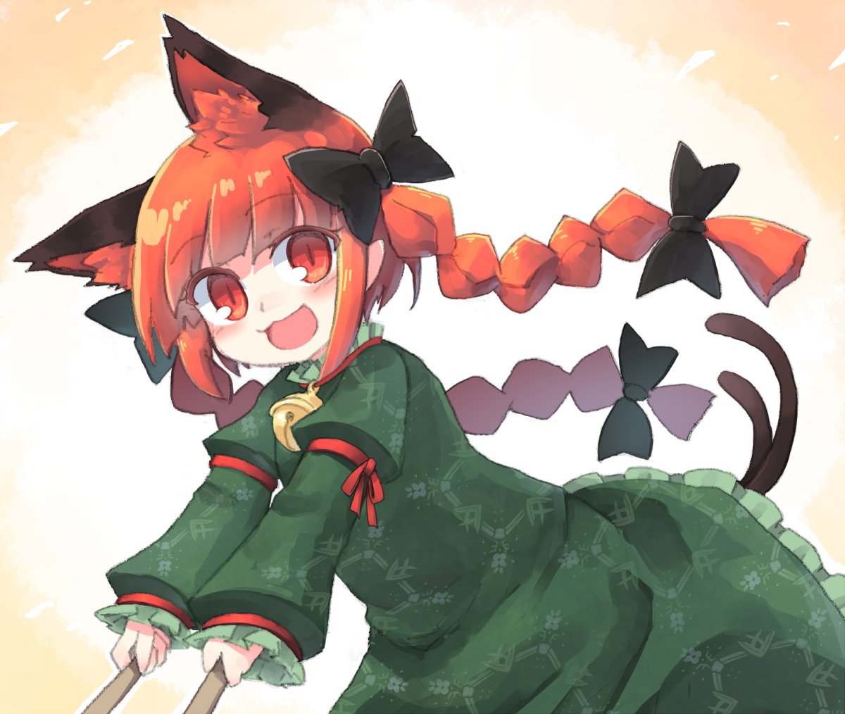1girl animal_ear_fluff animal_ears bangs bell black_bow blunt_bangs bow braid cat_day cat_ears cat_tail commentary dress frills green_dress hair_bow juliet_sleeves kaenbyou_rin kibisake long_hair long_sleeves looking_at_viewer multiple_tails open_mouth outstretched_arms pointy_ears puffy_sleeves pushing red_eyes redhead slit_pupils smile solo tail touhou twin_braids twintails two_tails upper_body