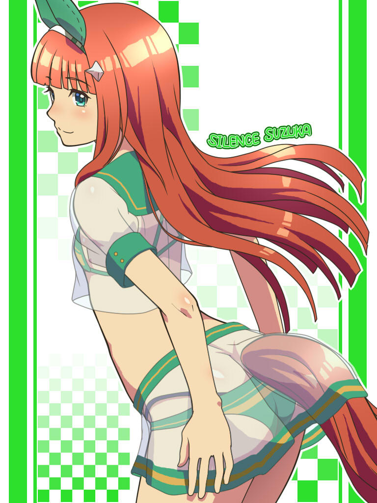 1girl adapted_costume animal_ears arched_back ass awa bangs bikini blunt_bangs breasts character_name checkered checkered_background closed_mouth cowboy_shot ear_covers english_text eyebrows_visible_through_hair from_behind green_background green_bikini green_eyes horse_ears horse_girl horse_tail leaning_forward long_hair looking_at_viewer looking_back miniskirt multi-strapped_bikini orange_hair outline school_uniform see-through serafuku short_sleeves silence_suzuka skirt small_breasts smile solo standing swimsuit tail umamusume white_outline wind