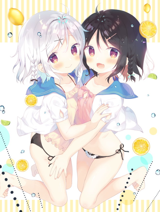 2girls :d ass bare_legs barefoot black_bow black_hair black_panties blue_bow blue_hair blue_sailor_collar blush bow bow_panties braid brown_eyes brown_hair closed_mouth commentary_request food frilled_panties frills fruit hair_bow hair_ornament hairclip lemon lemon_slice lime_slice looking_at_viewer looking_to_the_side multicolored_hair multiple_girls no_pants open_clothes open_mouth open_shirt original panties pink_camisole puffy_short_sleeves puffy_sleeves sailor_collar school_uniform serafuku shirt short_sleeves side-tie_panties silver_hair smile striped striped_background two-tone_hair underwear vertical_stripes white_shirt x_hair_ornament yellow_camisole yuizaki_kazuya