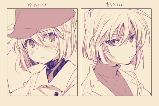 1girl adjusting_clothes adjusting_hat age_comparison bangs blush bob_cut chart closed_mouth coat frown haibara_ai hair_between_eyes hand_on_headwear hand_up hat long_sleeves looking_at_viewer meitantei_conan miyano_shiho monochrome multiple_views naho_(pi988y) portrait short_hair simple_background turtleneck