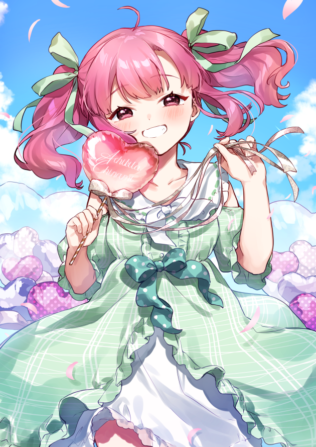 1girl achikita_chinami ahoge bangs blue_sky blush bow clouds collarbone commentary_request day dress eyebrows_visible_through_hair frilled_dress frills green_bow green_dress green_ribbon grey_bow grey_ribbon grin hair_ribbon heart holding looking_at_viewer nijisanji outdoors petals pink_hair pink_ribbon plaid plaid_dress polka_dot polka_dot_bow puffy_short_sleeves puffy_sleeves red_eyes ribbon short_sleeves shoulder_cutout sky smile solo twintails virtual_youtuber yamabukiiro