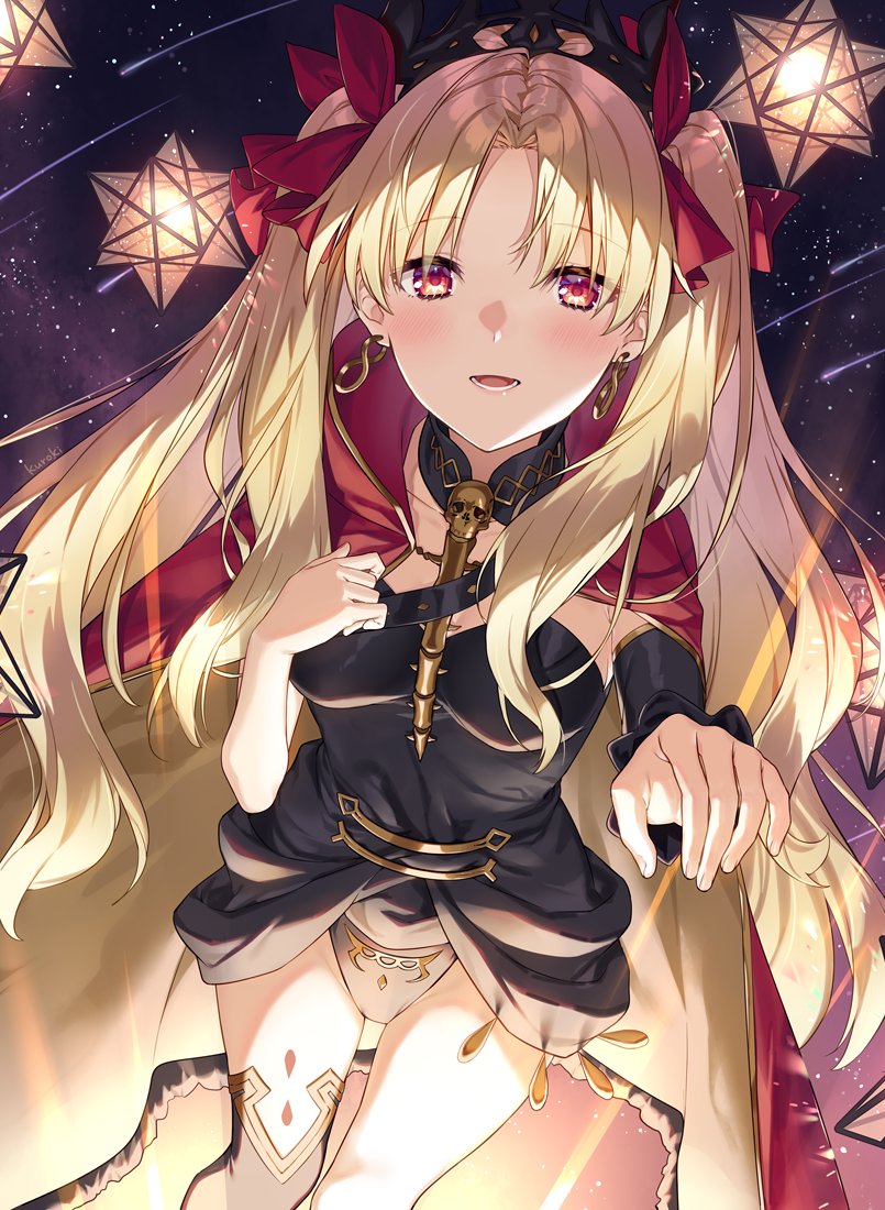 1girl artist_name asymmetrical_legwear asymmetrical_sleeves bangs between_breasts black_legwear black_leotard blonde_hair bow breasts buckle cape collarbone comet commentary detached_collar detached_sleeves dutch_angle earrings ereshkigal_(fate/grand_order) eyebrows_visible_through_hair eyelashes fate/grand_order fate_(series) fingernails fur-trimmed_cape fur_trim groin hair_bow hand_on_breast hand_up infinity jewelry kuroki_(ma-na-tu) lantern leotard light_particles light_rays light_smile long_hair looking_at_viewer lower_teeth medium_breasts multicolored multicolored_cape multicolored_clothes necklace open_mouth outstretched_arm parted_bangs red_bow red_cape red_eyes shiny shiny_hair single_detached_sleeve single_sleeve single_thighhigh skull sky solo space spine star star_(sky) starry_sky thigh-highs tiara two_side_up very_long_hair yellow_cape