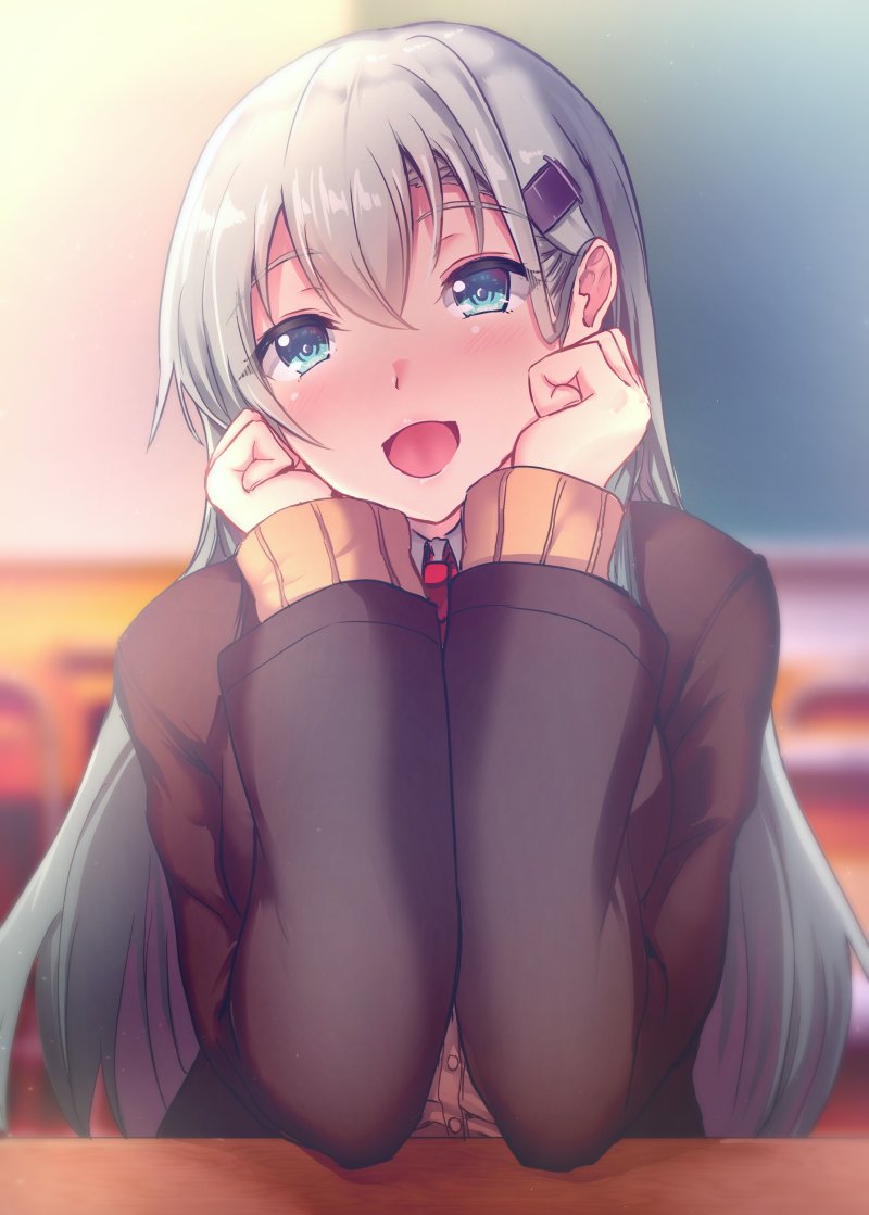 1girl aqua_hair bangs blazer blue_eyes blurry blurry_background blush chin_rest classroom commentary_request elbow_rest eyebrows_visible_through_hair gin'ichi_(akacia) hair_between_eyes hair_ornament hairclip indoors jacket kantai_collection long_hair long_sleeves open_mouth red_neckwear solo suzuya_(kantai_collection)