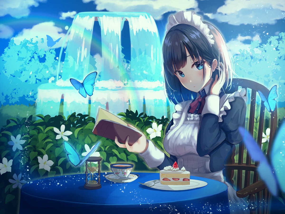 1girl apron black_hair blue_butterfly blue_dress blue_eyes blue_sky blurry blurry_background blurry_foreground blush book breasts bug butterfly cake chair clouds commentary cup day depth_of_field dress expressionless flower food fork fountain fruit hand_in_hair head_tilt hedge_(plant) holding holding_book hourglass insect juliet_sleeves kanata_(harukakanatan) long_sleeves looking_at_viewer maid maid_apron maid_headdress medium_breasts neck_ribbon open_book original outdoors plate puffy_sleeves rainbow red_neckwear ribbon saucer short_hair shortcake sitting sky slice_of_cake solo sparkle strawberry table tablecloth teacup tree wooden_chair