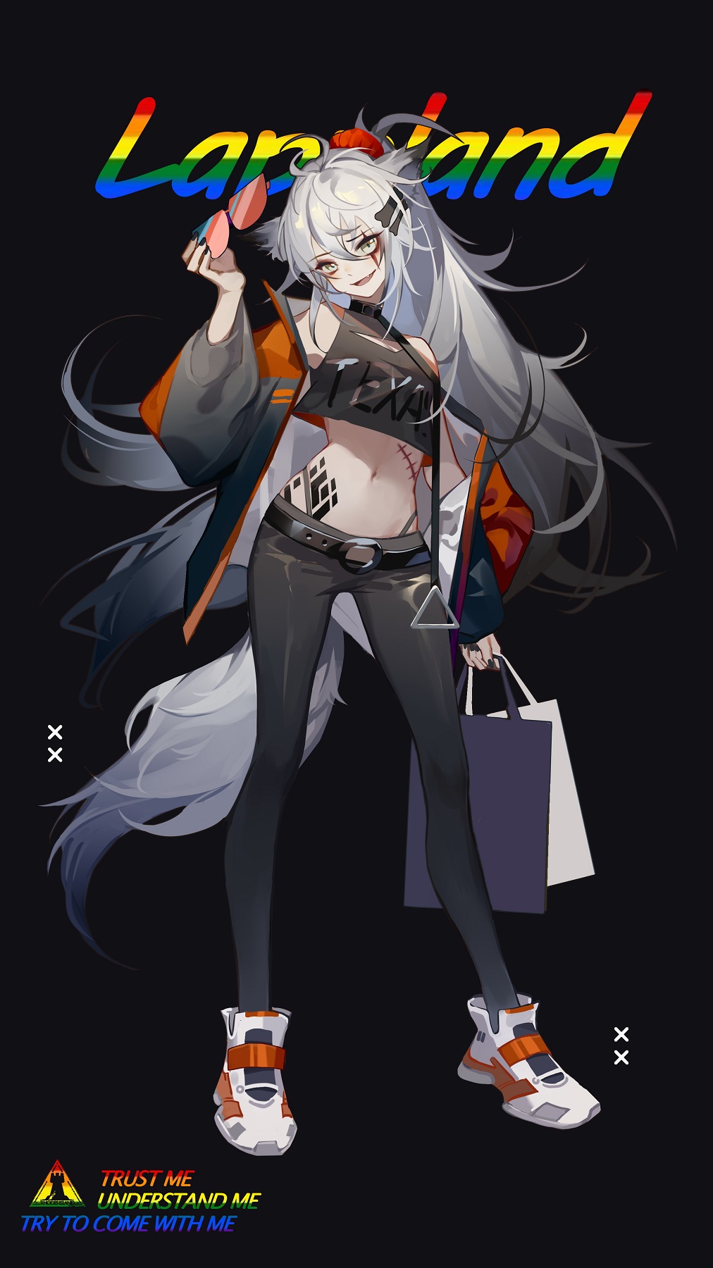 1girl :d alternate_costume animal_ears arknights bag bangs bare_shoulders belt black_belt black_jacket black_pants black_shirt character_name chinese_commentary commentary_request crop_top crop_top_overhang english_text eyebrows_visible_through_hair full_body grey_eyes hair_between_eyes hair_ornament hairclip hand_up head_tilt highres holding holding_bag holding_eyewear jacket lappland_(arknights) leggings long_hair looking_at_viewer midriff navel off_shoulder open_clothes open_jacket open_mouth pants rainbow_order scar scar_across_eye shirt shoes shopping_bag silver_hair sleeveless sleeveless_shirt smile sneakers solo standing stitches stomach sunglasses tail thighs very_long_hair white_footwear wolf_ears wolf_tail yamakawa_(huangquanmonu)