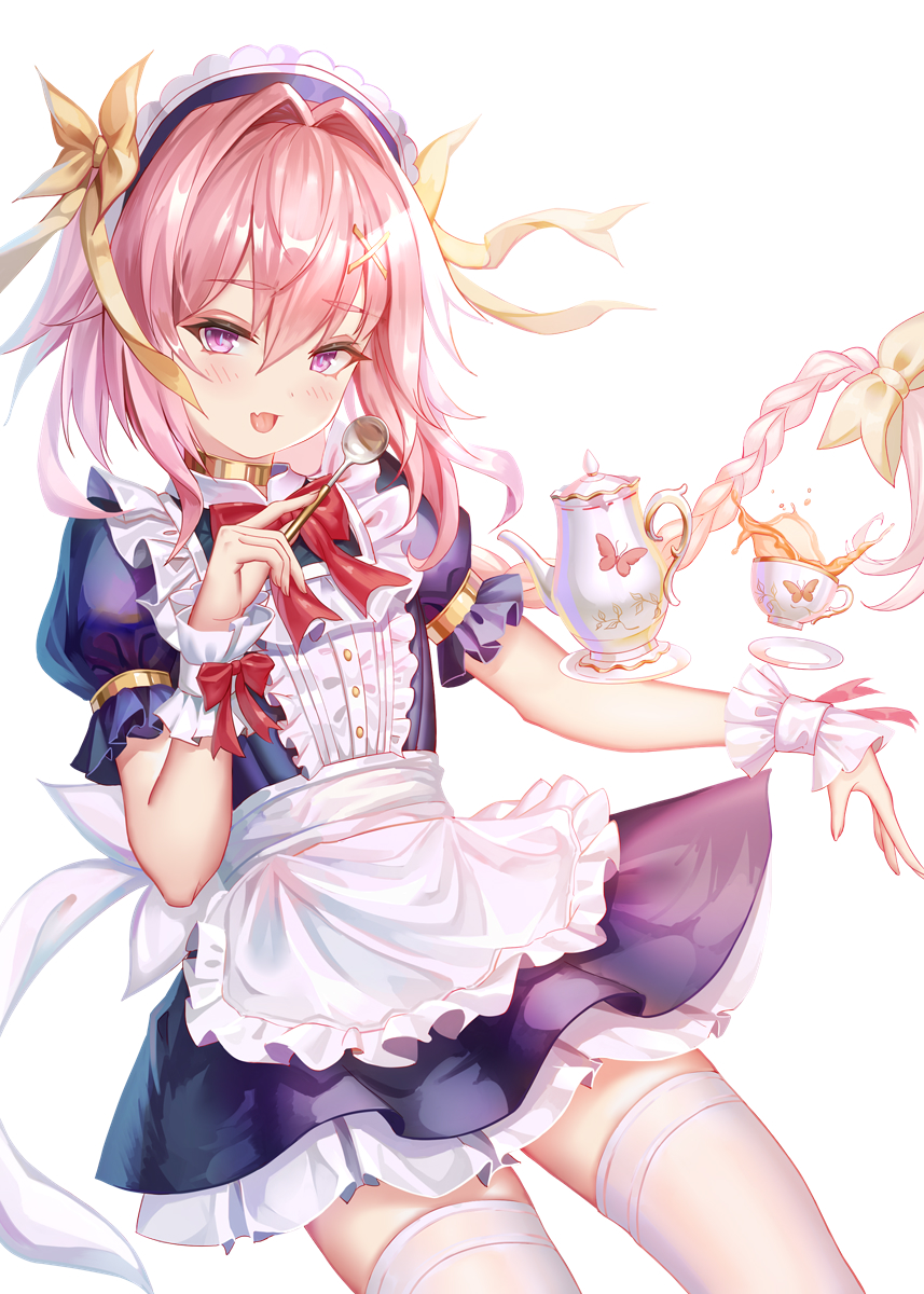 1boy aaeru alternate_costume apron astolfo_(fate) bangs blush braid commentary_request cup enmaided eyebrows_visible_through_hair fang fate/apocrypha fate_(series) hair_between_eyes highres long_hair looking_at_viewer maid maid_apron maid_dress male_focus open_mouth otoko_no_ko pink_hair single_braid smile teacup violet_eyes white_apron