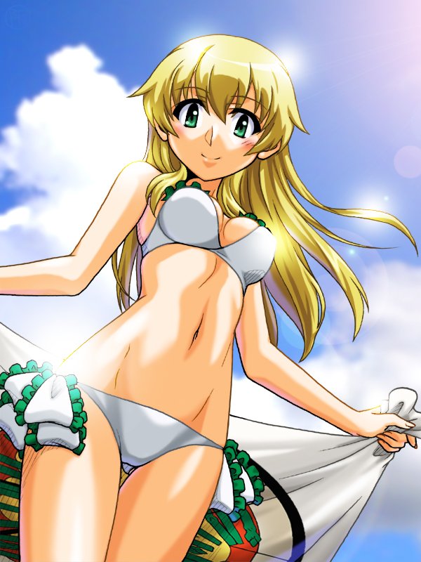 1girl actas_(studio) anzio_(emblem) ass_visible_through_thighs bangs beach_towel bikini blonde_hair blue_sky breasts carpaccio_(girls_und_panzer) closed_mouth clouds cloudy_sky commentary_request cute dutch_angle emblem eyebrows_visible_through_hair frilled_bikini frills girls_und_panzer green_eyes holding holding_towel lens_flare long_hair looking_at_viewer media_factory medium_breasts navel oosaka_kanagawa outdoors side-tie_bikini sky smile solo standing swimsuit towel white_bikini wind