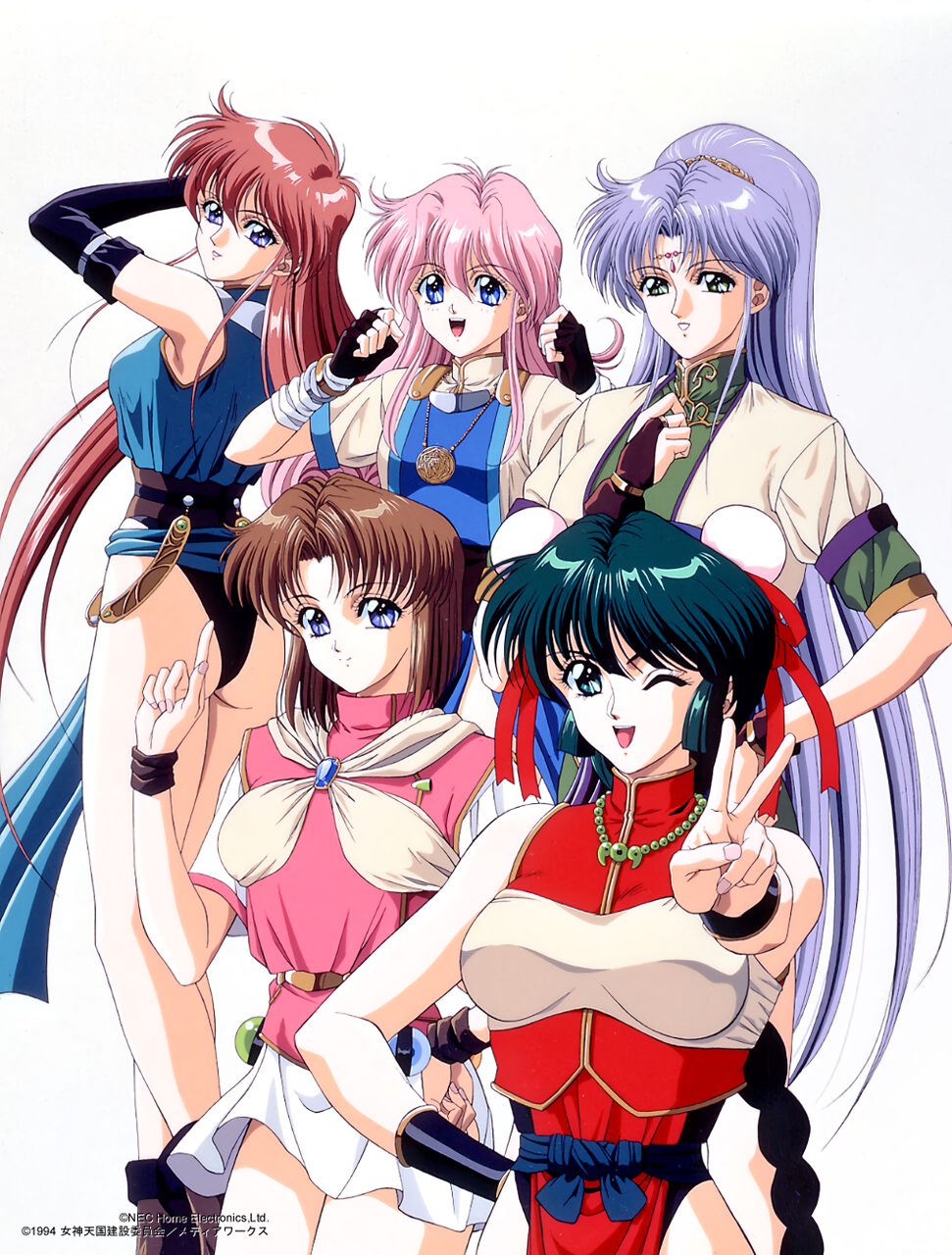 1990s_(style) 1994 5girls arm_up bead_necklace beads blue_eyes braid bridal_gauntlets brown_hair copyright dated double_bun elbow_gloves eyebrows_visible_through_hair fingerless_gloves gloves green_eyes green_hair high_ponytail highres index_finger_raised jewelry juliana_(megami_paradise) lilith_(megami_paradise) long_hair megami_paradise multiple_girls necklace official_art one_eye_closed open_mouth outstretched_arm pelvic_curtain pendant pink_hair redhead rurubell short_hair short_sleeves silver_hair simple_background skirt sleeveless smile stashia v vambraces very_long_hair white_background white_skirt wristband yoshizane_akihiro