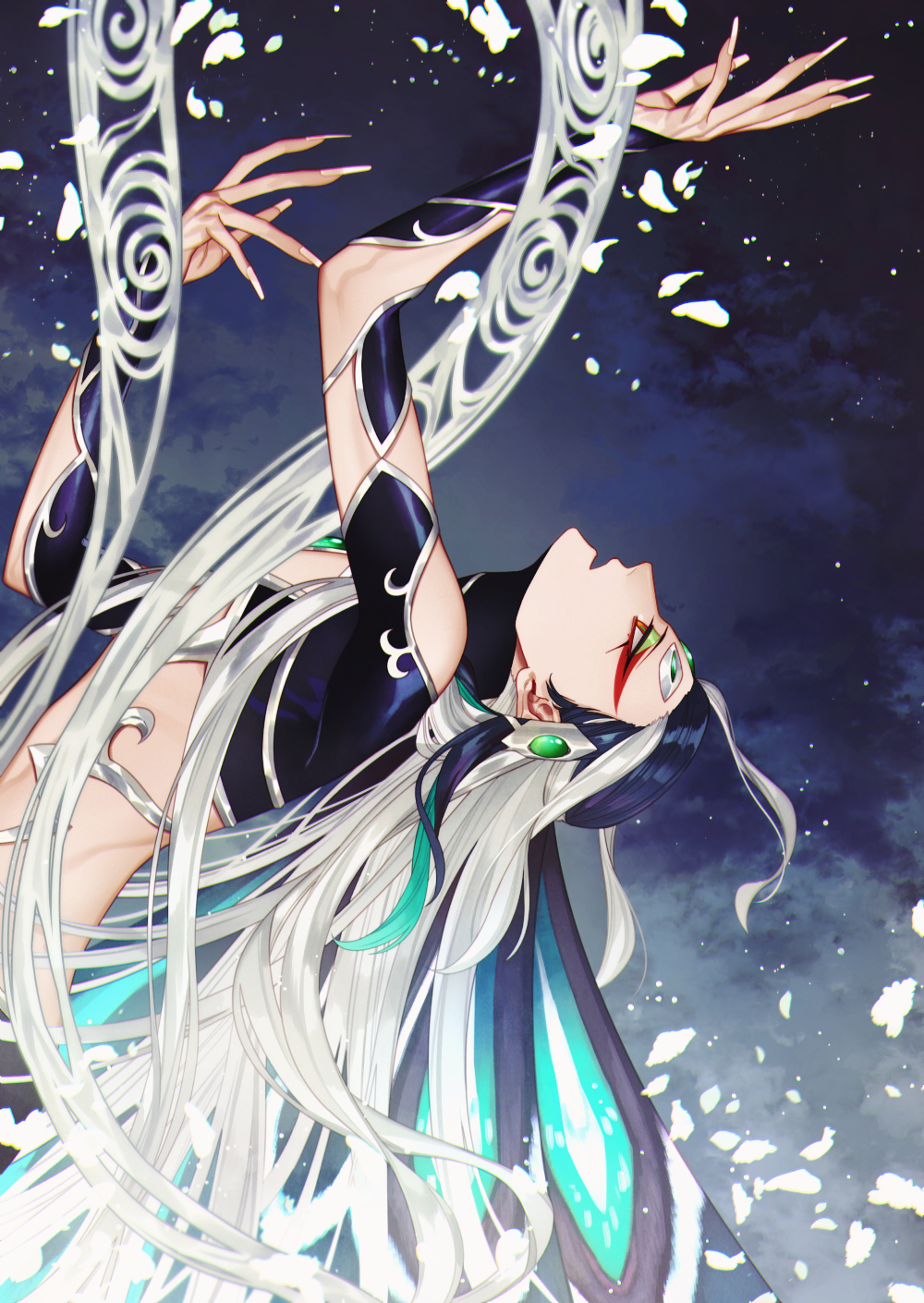 1boy aqua_hair bare_chest black_hair blue_hair eyeshadow fate/grand_order fate_(series) fingernails forehead_jewel gradient_hair highres long_fingernails long_hair makeup male_focus multicolored_hair qin_shi_huang_(fate/grand_order) red_eyes red_eyeshadow sindri solo two-tone_hair very_long_hair