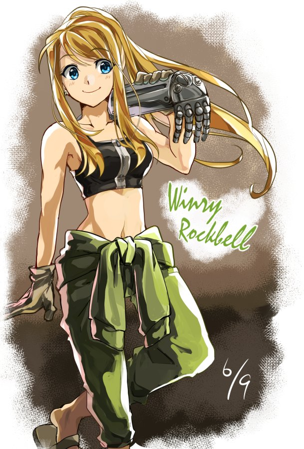1girl arm_at_side arm_support automail bare_arms bare_shoulders blonde_hair blue_eyes blush breasts carrying_over_shoulder character_name closed_mouth clothes_around_waist collarbone crop_top dated eyebrows_visible_through_hair feet_out_of_frame floating_hair fullmetal_alchemist gloves gradient gradient_background green_pants grey_background grey_gloves happy high_ponytail leaning long_hair looking_to_the_side medium_breasts midriff navel pants ponytail riarashu sandals shaded_face shiny shiny_hair sidelocks simple_background smile solo standing standing_on_one_leg white_background winry_rockbell zipper