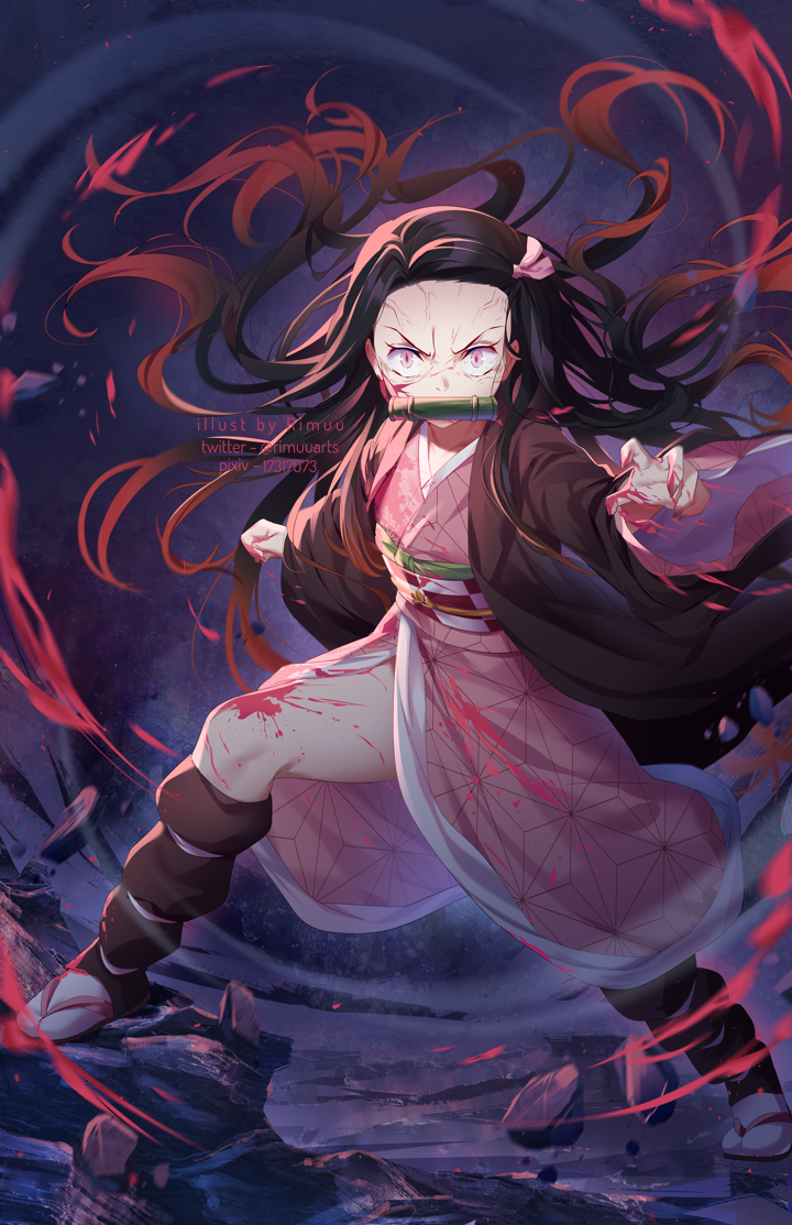 1girl artist_name bamboo bangs bit_gag black_footwear black_hair brown_hair checkered commentary_request floating_hair forehead gag gradient_hair hair_ribbon japanese_clothes kamado_nezuko kimetsu_no_yaiba kimono legs_apart long_hair long_sleeves looking_at_viewer mouth_hold multicolored_hair obi open_clothes parted_bangs pink_eyes pink_kimono pink_ribbon pixiv_id ribbon rimuu sash solo standing twitter_username v-shaped_eyebrows veins very_long_hair white_legwear wide-eyed wide_sleeves zouri